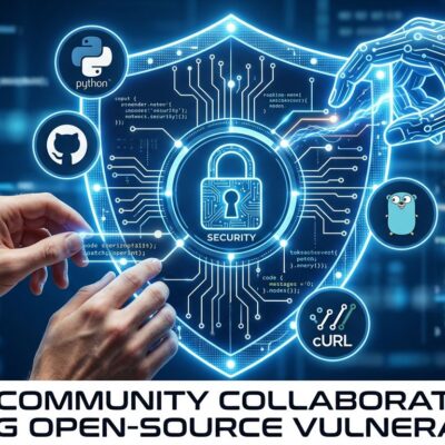 Digital shield with AI circuits and open-source code nodes being patched, representing OpenAI Patch the Planet initiative