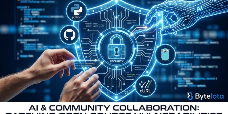 Digital shield with AI circuits and open-source code nodes being patched, representing OpenAI Patch the Planet initiative