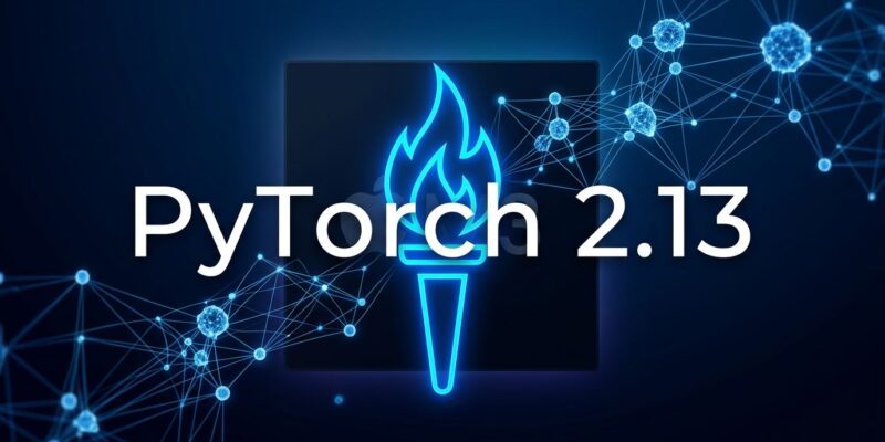 PyTorch 2.13 release featuring FlexAttention on Apple Silicon MPS, neural network nodes, and torch icon on dark blue background