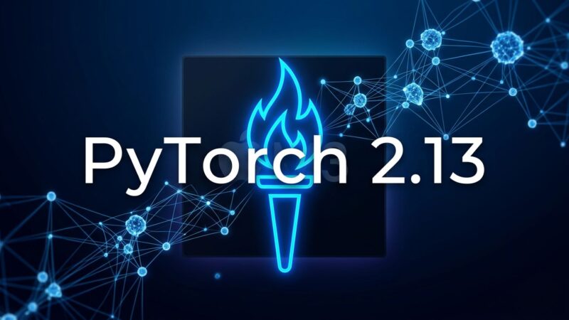PyTorch 2.13 release featuring FlexAttention on Apple Silicon MPS, neural network nodes, and torch icon on dark blue background