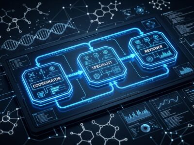 Claude Science multi-agent AI research workbench with molecular structures and database connections in blue and white