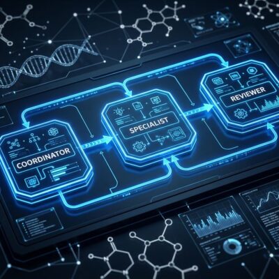 Claude Science multi-agent AI research workbench with molecular structures and database connections in blue and white