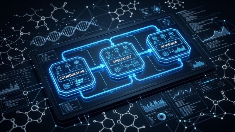 Claude Science multi-agent AI research workbench with molecular structures and database connections in blue and white