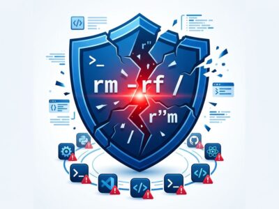 Cracked shield with shell command bypass fragments, representing the GuardFall vulnerability in AI coding agents