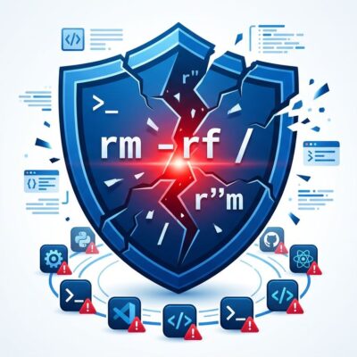 Cracked shield with shell command bypass fragments, representing the GuardFall vulnerability in AI coding agents