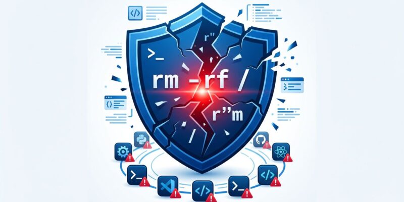 Cracked shield with shell command bypass fragments, representing the GuardFall vulnerability in AI coding agents