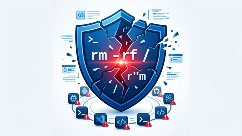 Cracked shield with shell command bypass fragments, representing the GuardFall vulnerability in AI coding agents