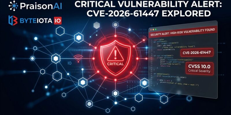 PraisonAI security vulnerability alert showing CVSS 10.0 RCE and sandbox bypass CVEs in red warning design