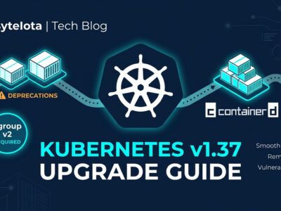 Kubernetes v1.37 upgrade guide showing containerd 2.0 and cgroup v2 requirements with ship wheel logo and container elements