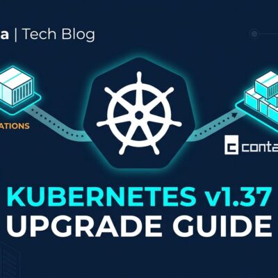 Kubernetes v1.37 upgrade guide showing containerd 2.0 and cgroup v2 requirements with ship wheel logo and container elements