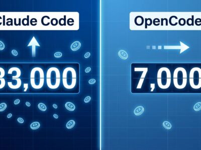 Split-screen token counter comparison: Claude Code at 33,000 tokens vs OpenCode at 7,000 tokens before reading your prompt