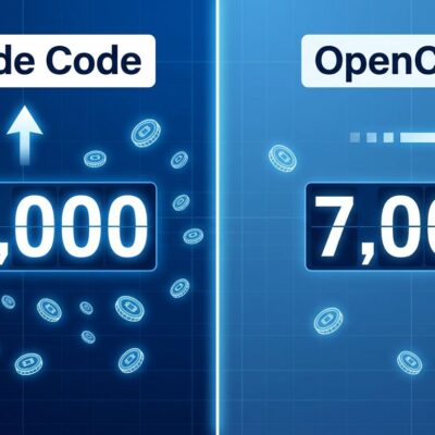 Split-screen token counter comparison: Claude Code at 33,000 tokens vs OpenCode at 7,000 tokens before reading your prompt
