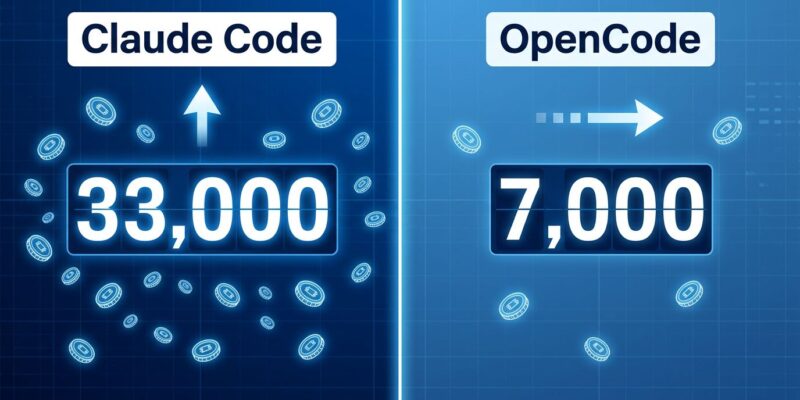 Split-screen token counter comparison: Claude Code at 33,000 tokens vs OpenCode at 7,000 tokens before reading your prompt