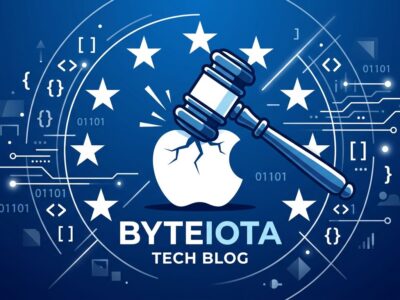 EU court gavel striking Apple logo with DMA stars representing Apple losing gatekeeper appeal