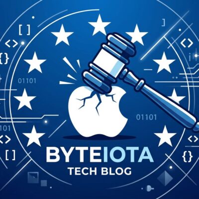 EU court gavel striking Apple logo with DMA stars representing Apple losing gatekeeper appeal