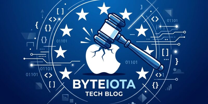 EU court gavel striking Apple logo with DMA stars representing Apple losing gatekeeper appeal