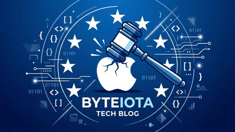 EU court gavel striking Apple logo with DMA stars representing Apple losing gatekeeper appeal