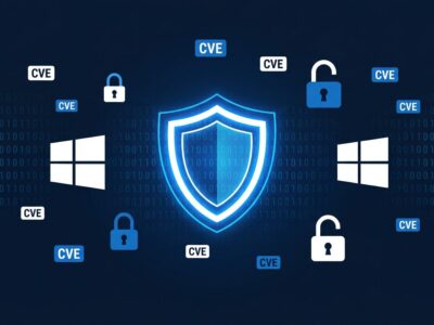 Digital security shield with Windows logo and CVE labels representing Microsoft Patch Tuesday July 2026