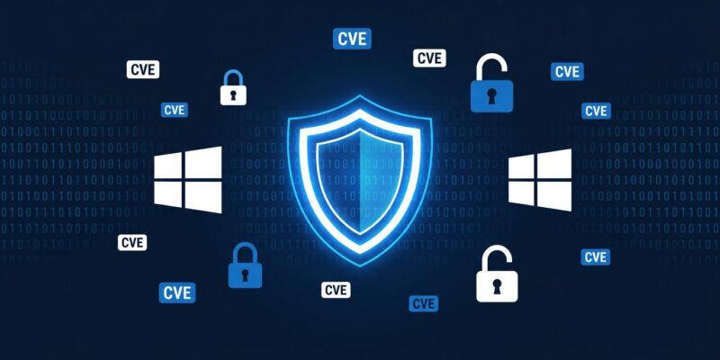 Digital security shield with Windows logo and CVE labels representing Microsoft Patch Tuesday July 2026