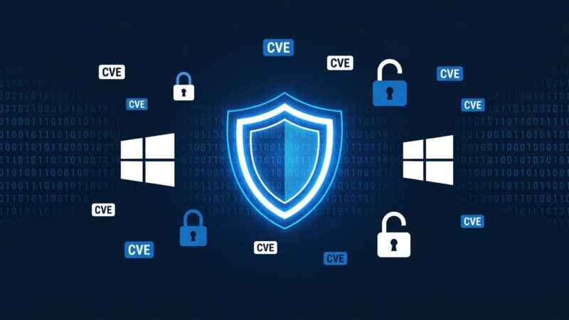 Digital security shield with Windows logo and CVE labels representing Microsoft Patch Tuesday July 2026