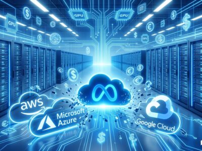 Futuristic data center with Meta cloud icon disrupting AWS Azure Google Cloud logos