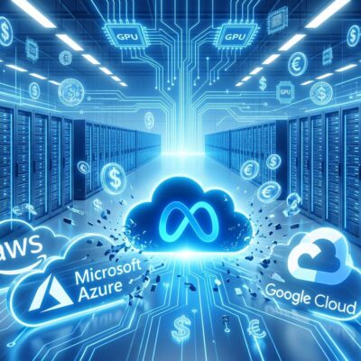 Futuristic data center with Meta cloud icon disrupting AWS Azure Google Cloud logos