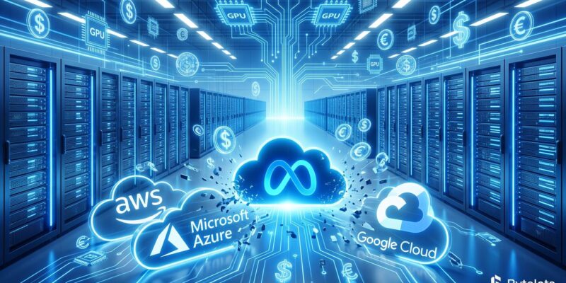 Futuristic data center with Meta cloud icon disrupting AWS Azure Google Cloud logos