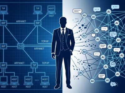 Split illustration showing vintage ARPANET network diagram on the left and modern AI agent network on the right, representing the protocol transition Vint Cerf warned about