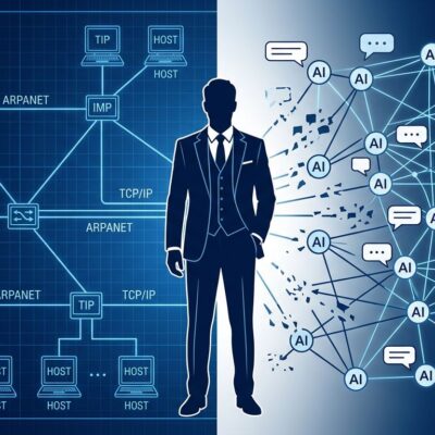 Split illustration showing vintage ARPANET network diagram on the left and modern AI agent network on the right, representing the protocol transition Vint Cerf warned about
