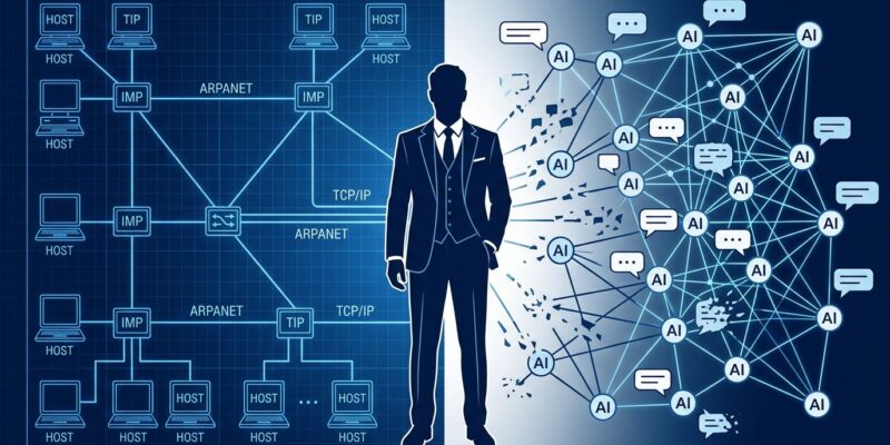 Split illustration showing vintage ARPANET network diagram on the left and modern AI agent network on the right, representing the protocol transition Vint Cerf warned about