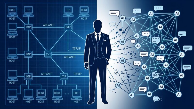 Split illustration showing vintage ARPANET network diagram on the left and modern AI agent network on the right, representing the protocol transition Vint Cerf warned about