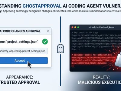Split-screen showing an approval dialog displaying a harmless filename on the left while an SSH authorized_keys file is being secretly written on the right, illustrating the GhostApproval AI coding agent vulnerability