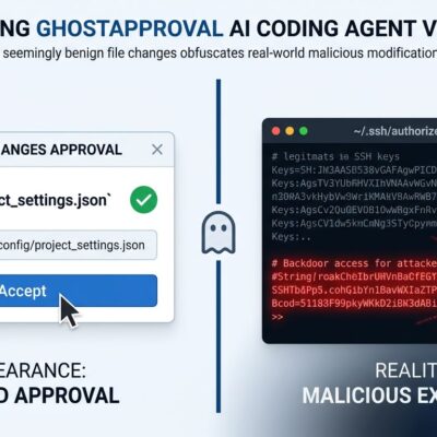 Split-screen showing an approval dialog displaying a harmless filename on the left while an SSH authorized_keys file is being secretly written on the right, illustrating the GhostApproval AI coding agent vulnerability