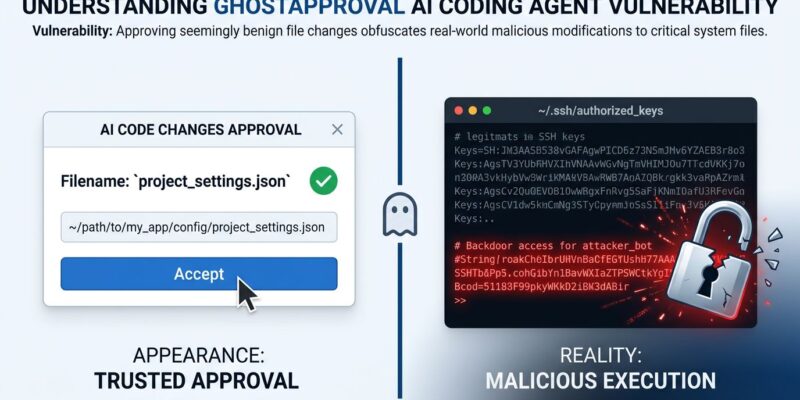 Split-screen showing an approval dialog displaying a harmless filename on the left while an SSH authorized_keys file is being secretly written on the right, illustrating the GhostApproval AI coding agent vulnerability