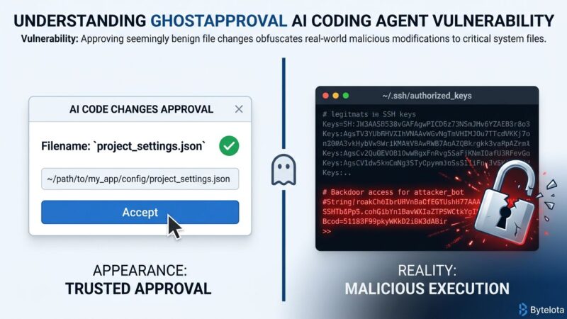 Split-screen showing an approval dialog displaying a harmless filename on the left while an SSH authorized_keys file is being secretly written on the right, illustrating the GhostApproval AI coding agent vulnerability
