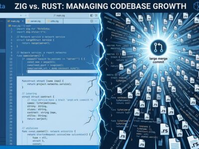 Split-screen illustration comparing organized Zig code on the left with an explosion of AI-generated Rust files on the right, representing the Bun rewrite controversy