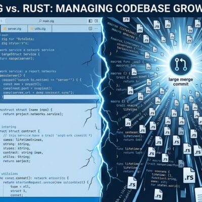 Split-screen illustration comparing organized Zig code on the left with an explosion of AI-generated Rust files on the right, representing the Bun rewrite controversy