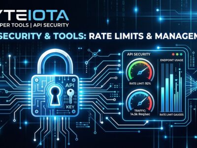 Stylized API security dashboard with lock icon and rate limit gauges in ByteIota blue and white