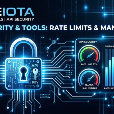 Stylized API security dashboard with lock icon and rate limit gauges in ByteIota blue and white