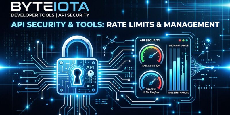 Stylized API security dashboard with lock icon and rate limit gauges in ByteIota blue and white
