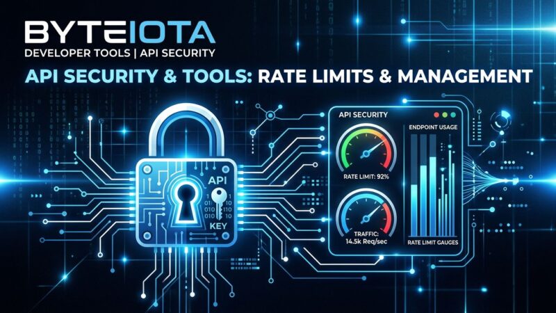 Stylized API security dashboard with lock icon and rate limit gauges in ByteIota blue and white