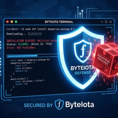 A shield blocking a red vulnerable package box from entering a terminal — representing the Refuse open-source security shim for npm, pip, cargo and AI coding agents