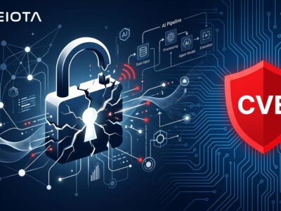 Security visualization showing AI agent vulnerability - broken lock with network nodes representing Langflow CVE-2026-33017 exploit