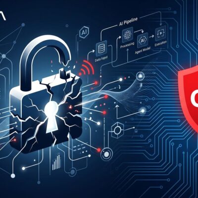 Security visualization showing AI agent vulnerability - broken lock with network nodes representing Langflow CVE-2026-33017 exploit