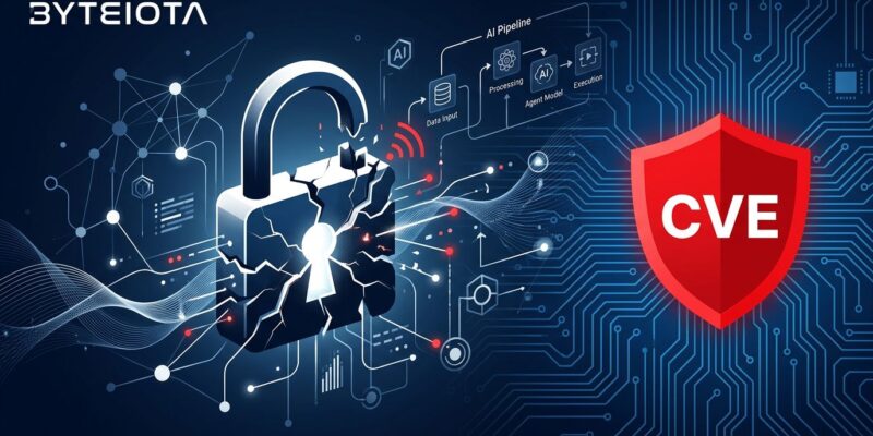 Security visualization showing AI agent vulnerability - broken lock with network nodes representing Langflow CVE-2026-33017 exploit