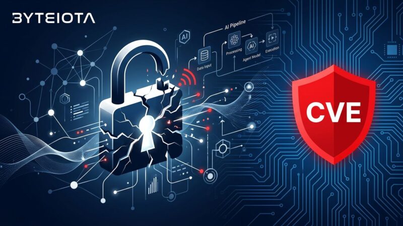 Security visualization showing AI agent vulnerability - broken lock with network nodes representing Langflow CVE-2026-33017 exploit