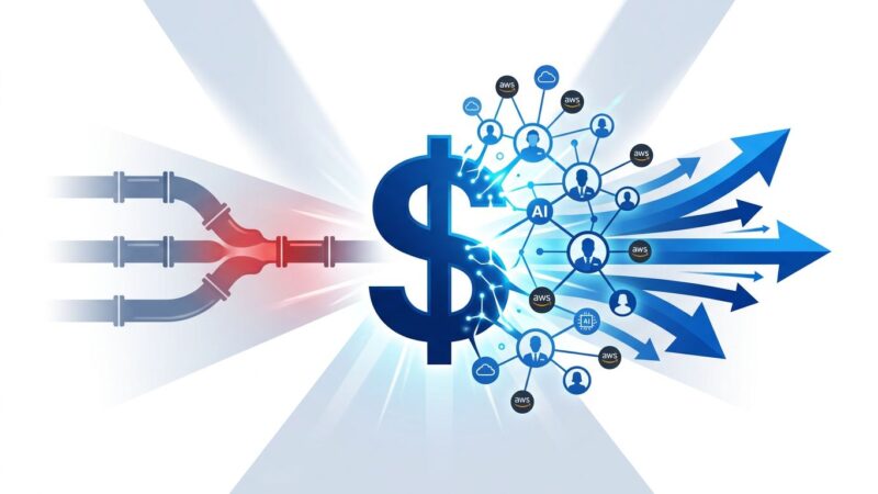 Conceptual illustration of AWS embedding AI engineers with agent networks inside enterprise companies, representing the forward deployed engineering model