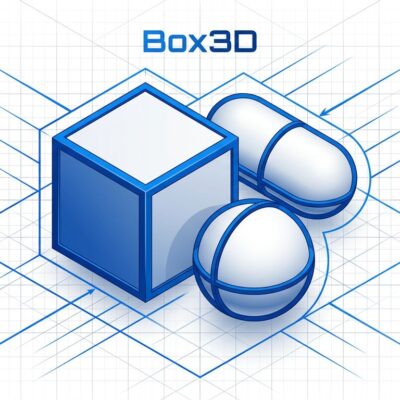 Isometric arrangement of 3D physics shapes - cubes, capsule, and sphere - representing Box3D open-source physics engine
