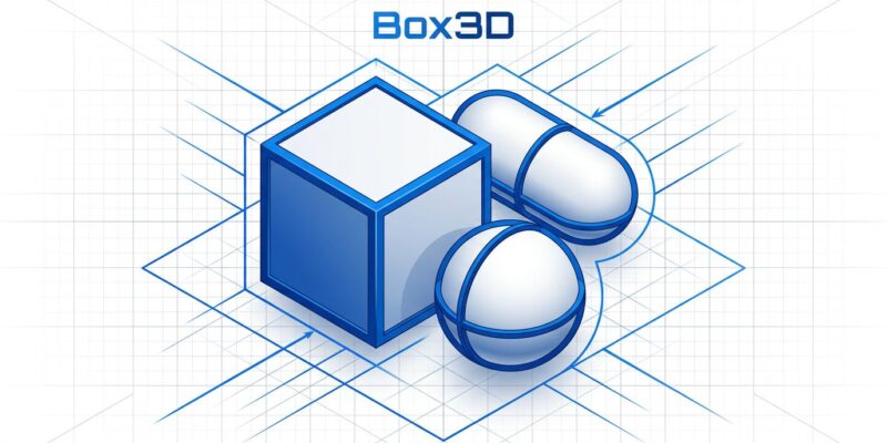 Isometric arrangement of 3D physics shapes - cubes, capsule, and sphere - representing Box3D open-source physics engine