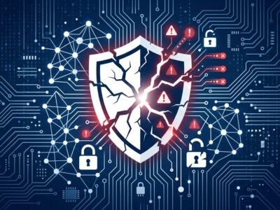 Dark blue cybersecurity shield with vulnerability indicators representing AI infrastructure security risks in 2026